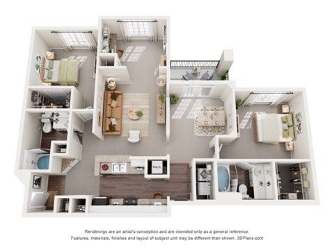 Floor plan for 2 beds, 2 baths, 1267 sqft
